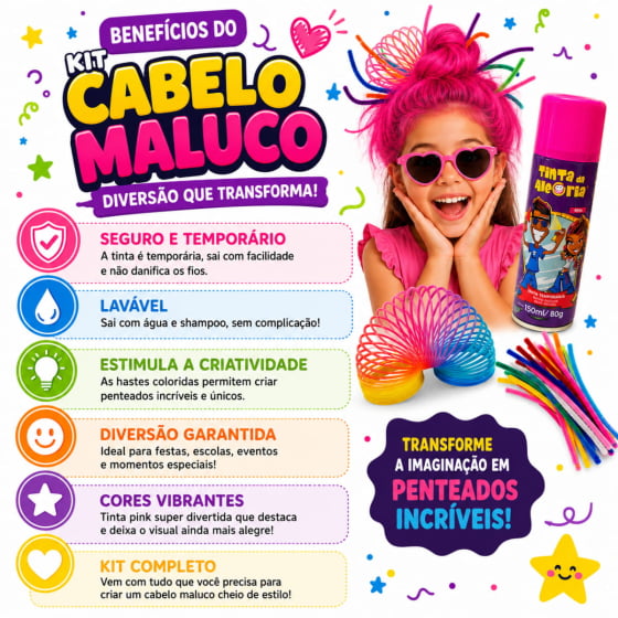 Kit Cabelo Maluco (Mola pequena+ Hastes Chenille + Tinta pink)