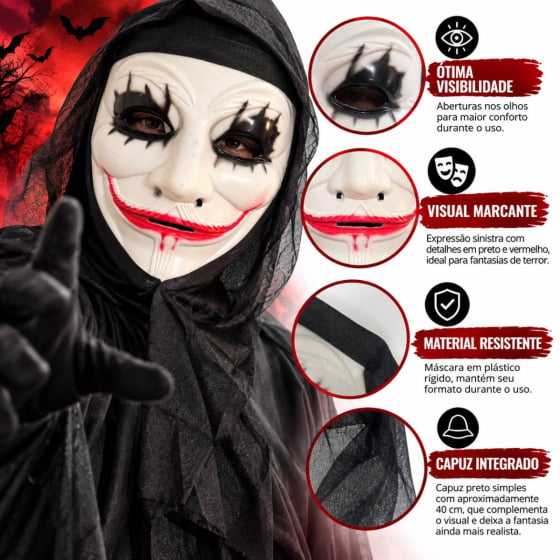 Máscara Sorriso Macabro com Capuz Halloween Cosplay