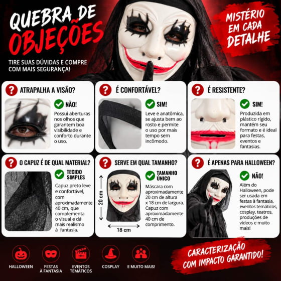 Máscara Sorriso Macabro com Capuz Halloween Cosplay