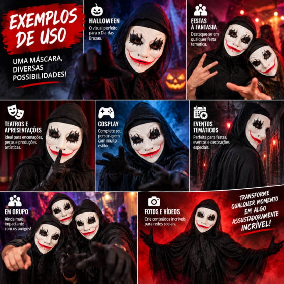 Máscara Sorriso Macabro com Capuz Halloween Cosplay Máscara Sorriso Macabro com Capuz Halloween Cosplay