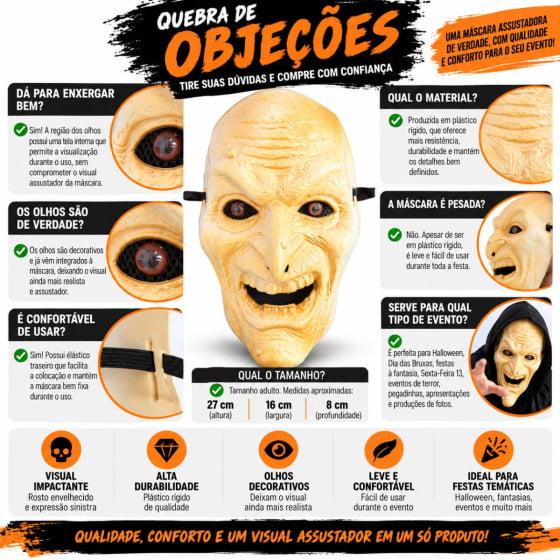 Máscara Velho Sinistro com Olhos Halloween Cosplay