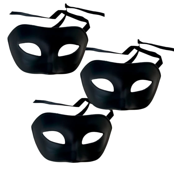 Kit 3 Máscaras Básica Lisa Preta Carnaval Baile de Máscaras