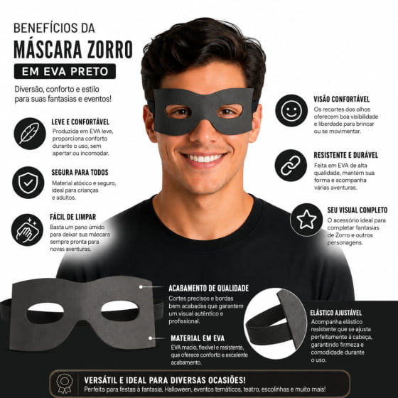 Máscara EVA Preta Acessório Fantasia Zorro Carnaval Cosplay