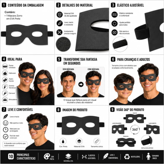Máscara EVA Preta Acessório Fantasia Zorro Carnaval Cosplay