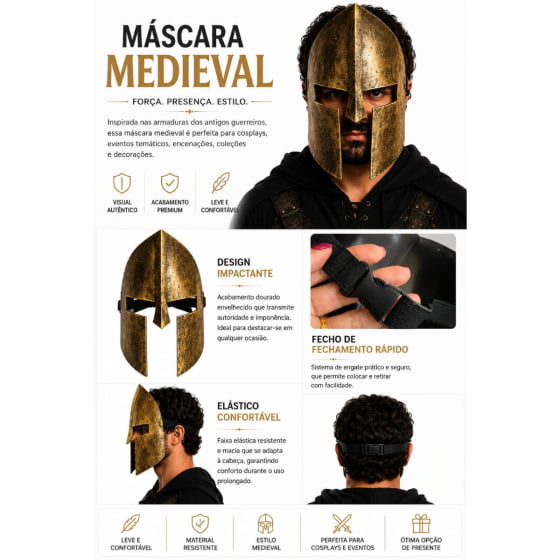 Máscara Guerreiro Medieval de Plástico Rígido Escolha a Cor