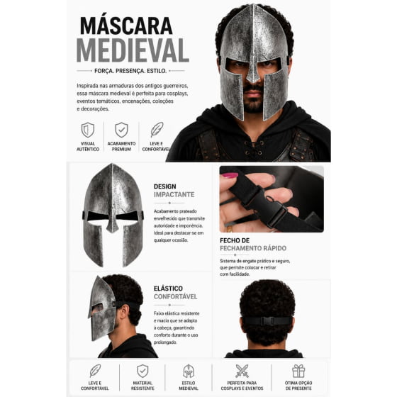 Máscara Guerreiro Medieval de Plástico Rígido Escolha a Cor