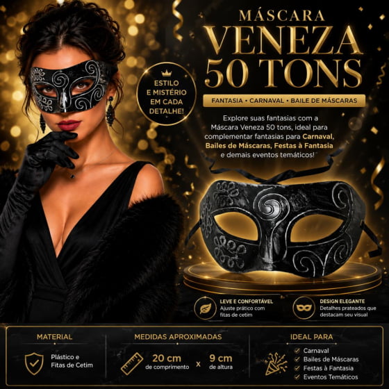Máscara Veneza 50 Tons Fantasia Carnaval Baile de Máscaras