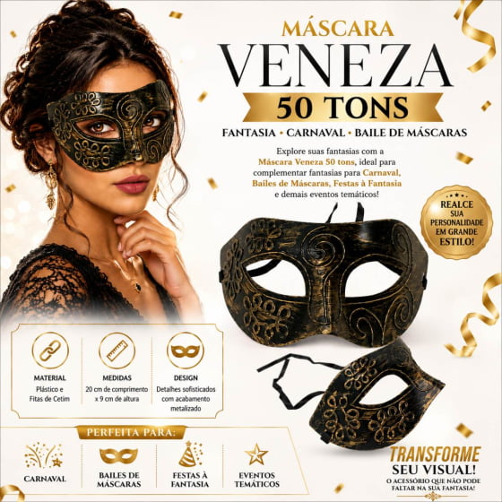 Máscara Veneza 50 Tons Fantasia Carnaval Baile de Máscaras