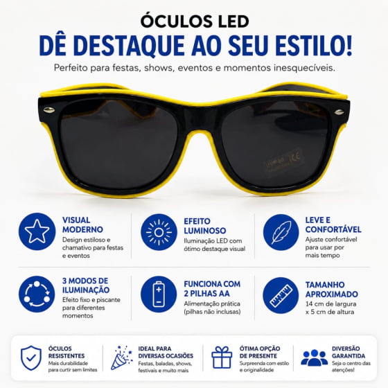Óculos Luxo Led Festa Balada Cores