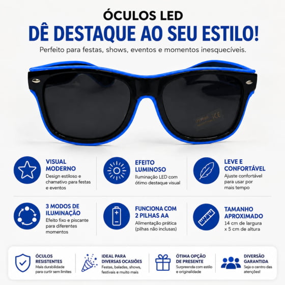 Óculos Luxo Led Festa Balada Cores