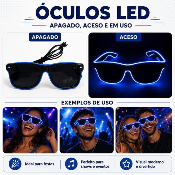 Óculos Luxo Led Festa Balada Cores