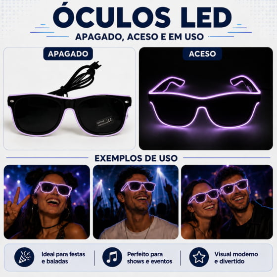 Óculos Luxo Led Festa Balada Cores
