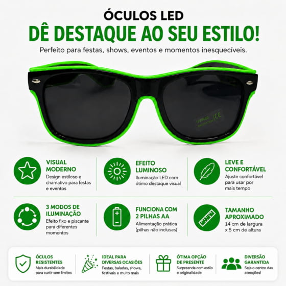 Óculos Luxo Led Festa Balada Cores