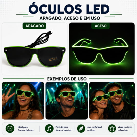 Óculos Luxo Led Festa Balada Cores