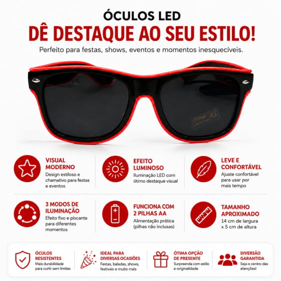 Óculos Luxo Led Festa Balada Cores
