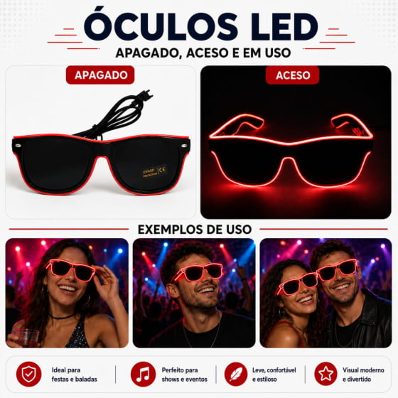Óculos Luxo Led Festa Balada Cores