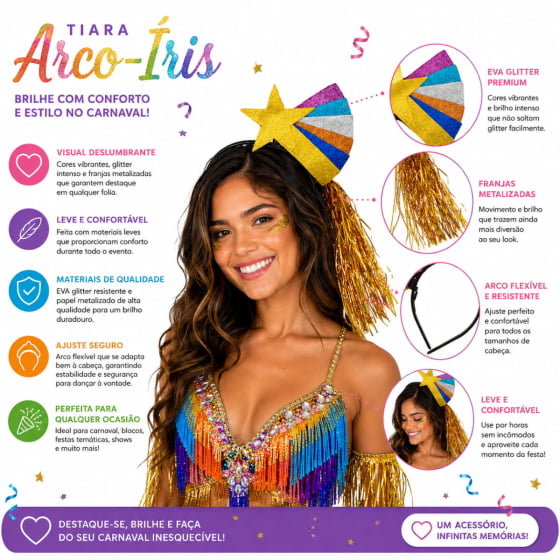 Tiara Colorida Arco Iris Acessório Carnaval Bloquinho Tiara Colorida Arco Iris Acessório Carnaval Bloquinho