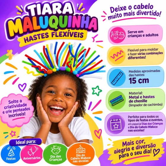 Tiara Maluquinha Hastes Flexíveis para Moldar Cabelo Maluco