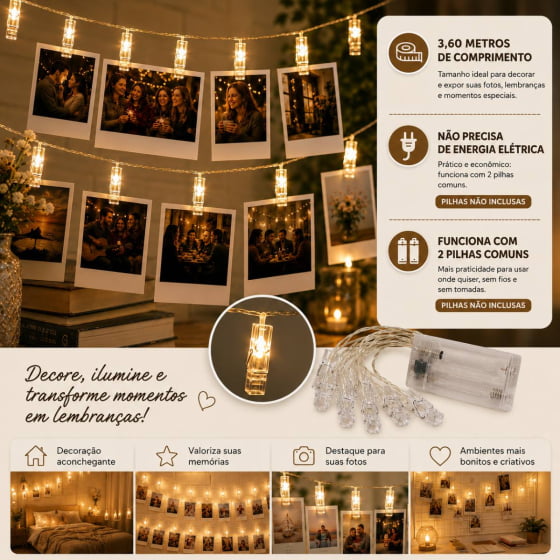 Varal de Led Pisca Prendedor 3,6 Metros para Fotos