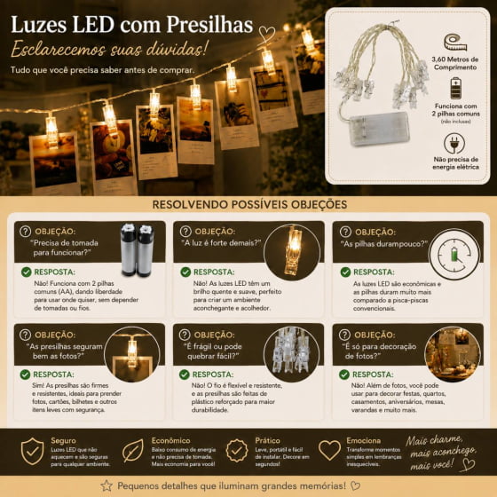 Varal de Led Pisca Prendedor 3,6 Metros para Fotos