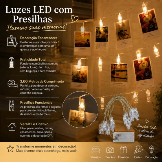 Varal de Led Pisca Prendedor 3,6 Metros para Fotos
