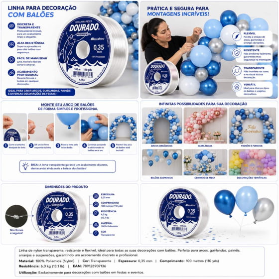 Linha de Nylon 0,35 mm 100 metros para Decoração com Balões