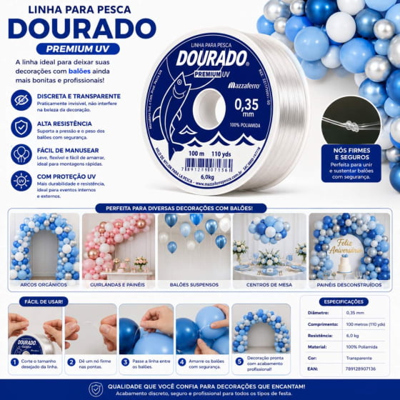 Linha de Nylon 0,35 mm 100 metros para Decoração com Balões