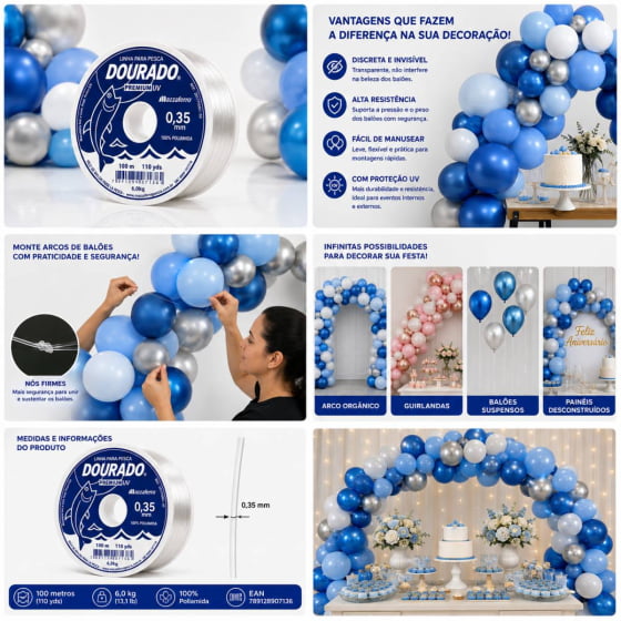 Linha de Nylon 0,35 mm 100 metros para Decoração com Balões
