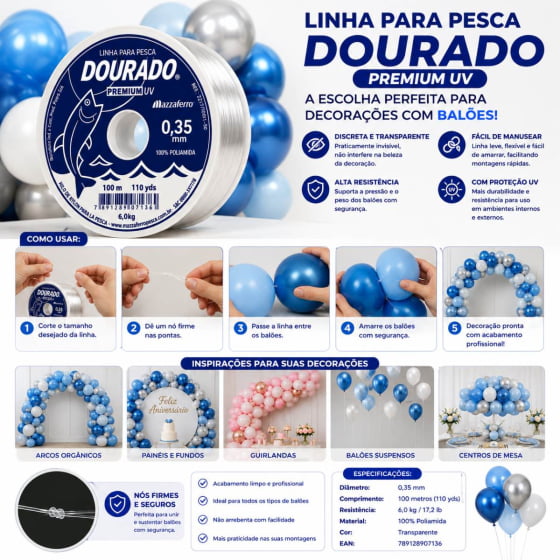 Linha de Nylon 0,35 mm 100 metros para Decoração com Balões