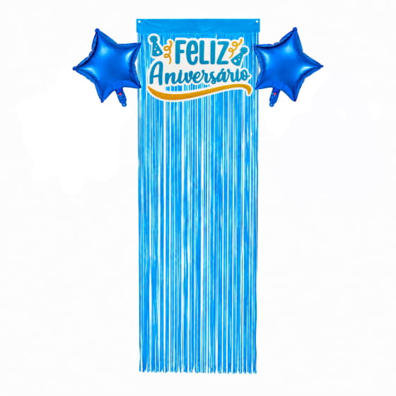 Kit Decoração Feliz Aniversário 2 Balões 1 Cortina 1 Painel
