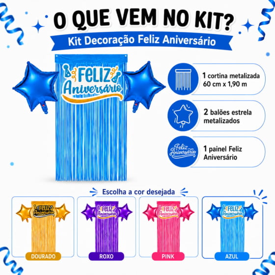 Kit Decoração Feliz Aniversário 2 Balões 1 Cortina 1 Painel