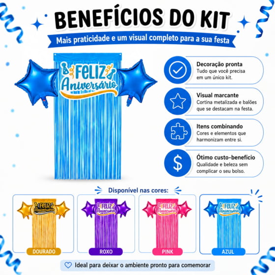 Kit Decoração Feliz Aniversário 2 Balões 1 Cortina 1 Painel