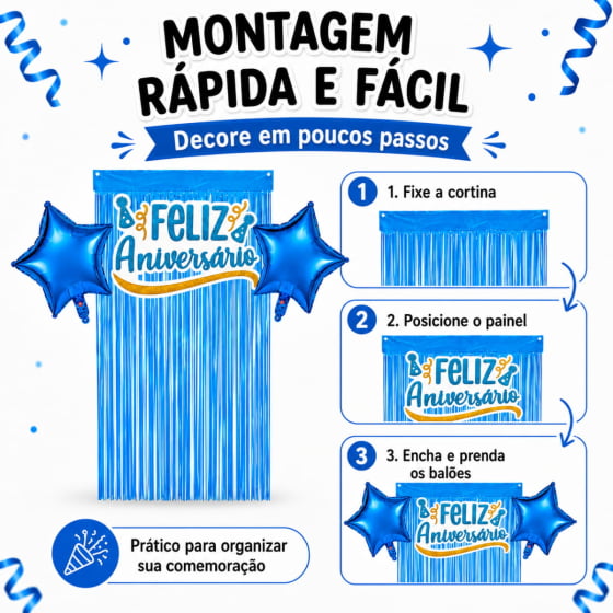 Kit Decoração Feliz Aniversário 2 Balões 1 Cortina 1 Painel