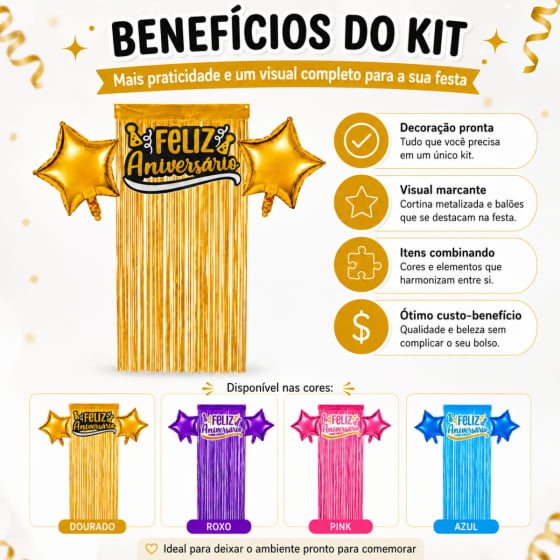 Kit Decoração Feliz Aniversário 2 Balões 1 Cortina 1 Painel