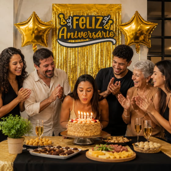 Kit Decoração Feliz Aniversário 2 Balões 1 Cortina 1 Painel