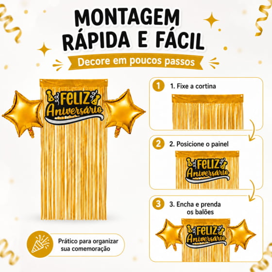 Kit Decoração Feliz Aniversário 2 Balões 1 Cortina 1 Painel