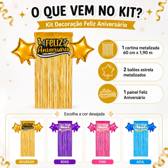 Kit Decoração Feliz Aniversário 2 Balões 1 Cortina 1 Painel