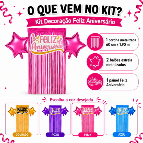 Kit Decoração Feliz Aniversário 2 Balões 1 Cortina 1 Painel