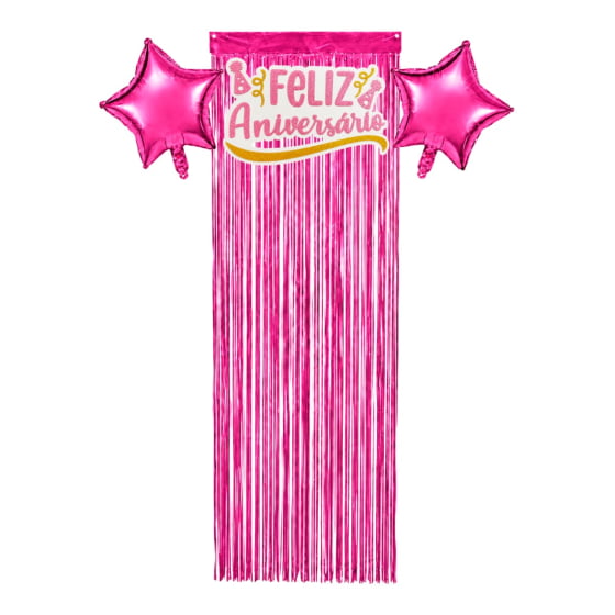 Kit Decoração Feliz Aniversário 2 Balões 1 Cortina 1 Painel