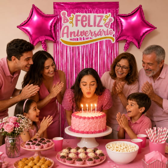 Kit Decoração Feliz Aniversário 2 Balões 1 Cortina 1 Painel