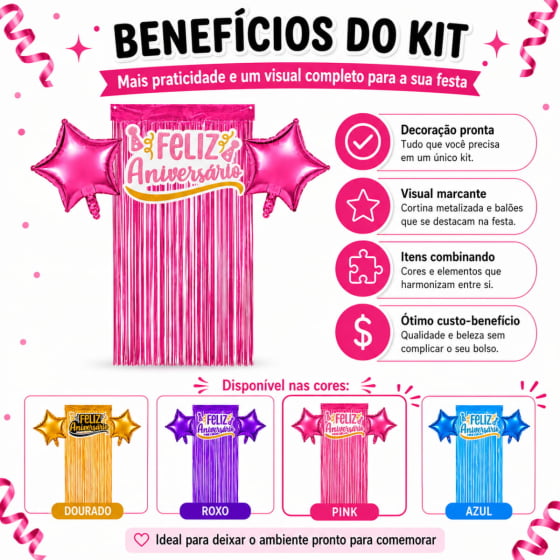 Kit Decoração Feliz Aniversário 2 Balões 1 Cortina 1 Painel