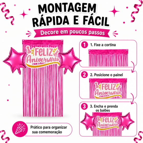 Kit Decoração Feliz Aniversário 2 Balões 1 Cortina 1 Painel