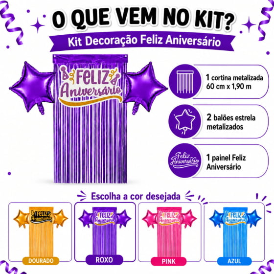 Kit Decoração Feliz Aniversário 2 Balões 1 Cortina 1 Painel