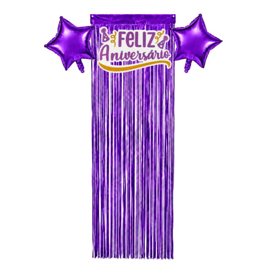 Kit Decoração Feliz Aniversário 2 Balões 1 Cortina 1 Painel