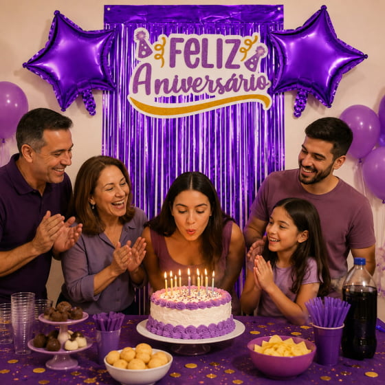 Kit Decoração Feliz Aniversário 2 Balões 1 Cortina 1 Painel