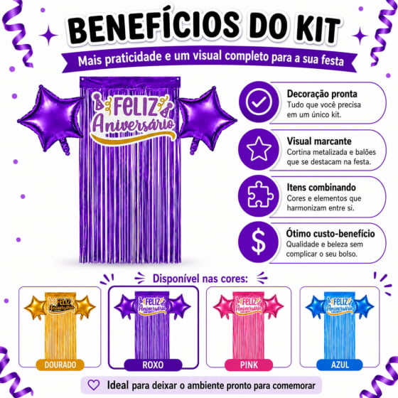 Kit Decoração Feliz Aniversário 2 Balões 1 Cortina 1 Painel