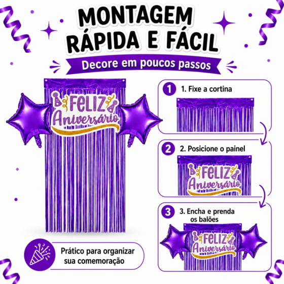 Kit Decoração Feliz Aniversário 2 Balões 1 Cortina 1 Painel