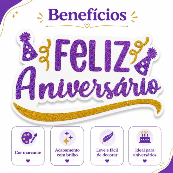 Painel Feliz Aniversário EVA com Glitter Escolha a Cor