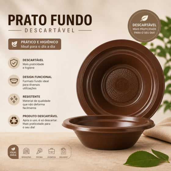 Prato Fundo Descartável Marrom - 10 unidades