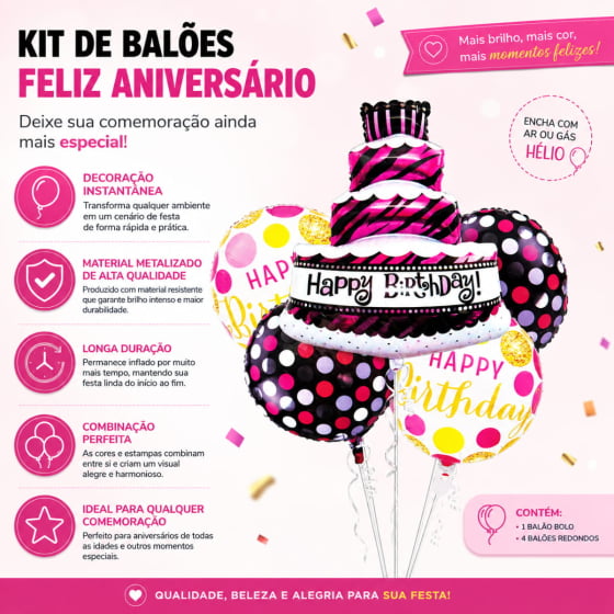 Kit Balão Metalizado Happy Birthday com 5 Peças